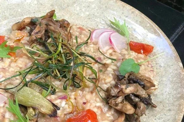 Prato com risoto de alho poró e cogumelos