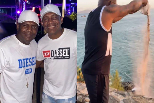 montagem com foto de mc marcinho e o irmão, ambos de blusa branca e boné branco e ao lado irmão de mc marcinho de roupas pretas jogando cinzas no mar - metrópoles