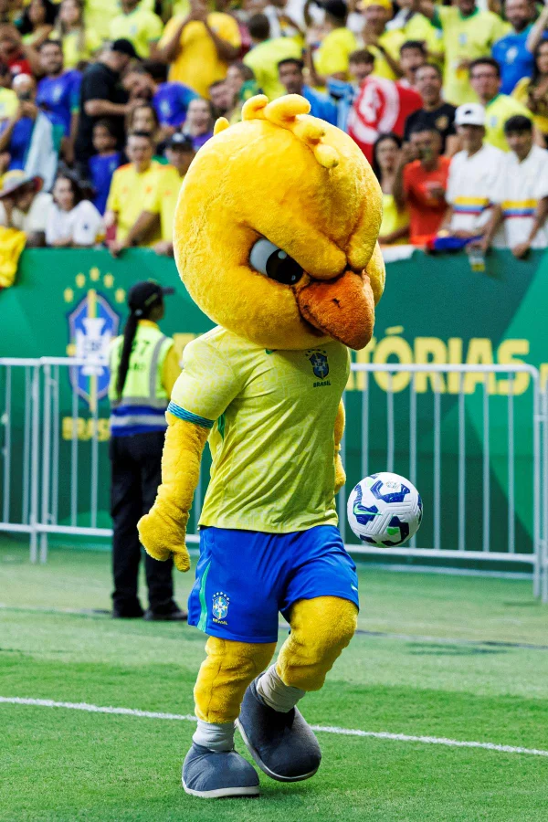A imagem mostra o mascote canarinho da Seleção Brasileira caminhando em estádio de futebol