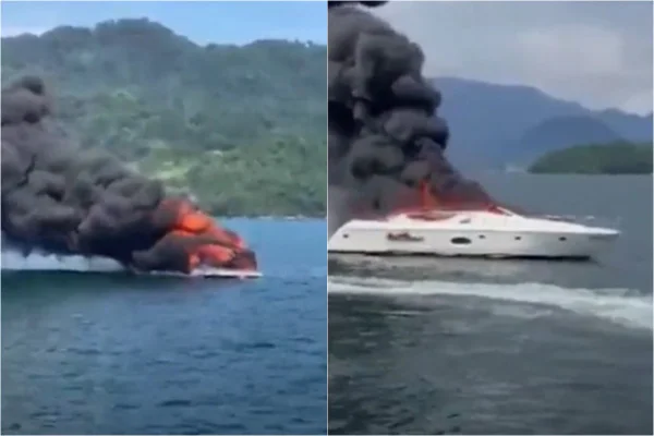 Foto colorida de fogo em lancha em Angra dos Reis, no Rio de Janeiro - Metrópoles