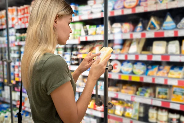 Plano médio de uma mulher lendo um rótulo analisando calorias do alimento. Metrópoles