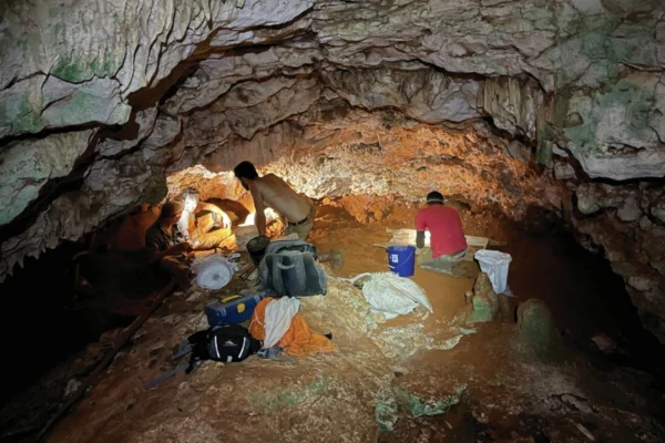 Foto colorida de uma escavação com homens segurando luzes