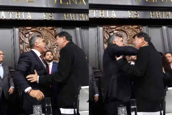 Montagem com fotos coloridas de briga entre senador da oposição e presidente do Senado - Metrópoles
