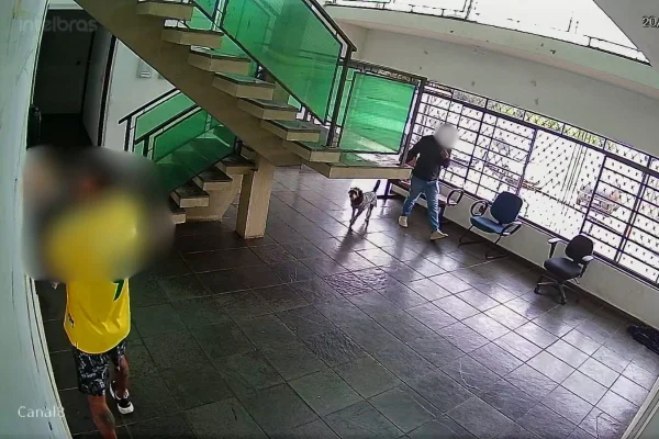 Foto colorida do momento em que tutor passa sangue de animal nas paredes do prédio do Samu.