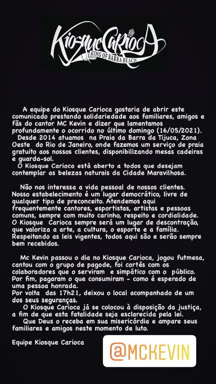 Estabelecimento se pronuncia sobre MC Kevin Estabelecimento se pronuncia sobre MC Kevin
