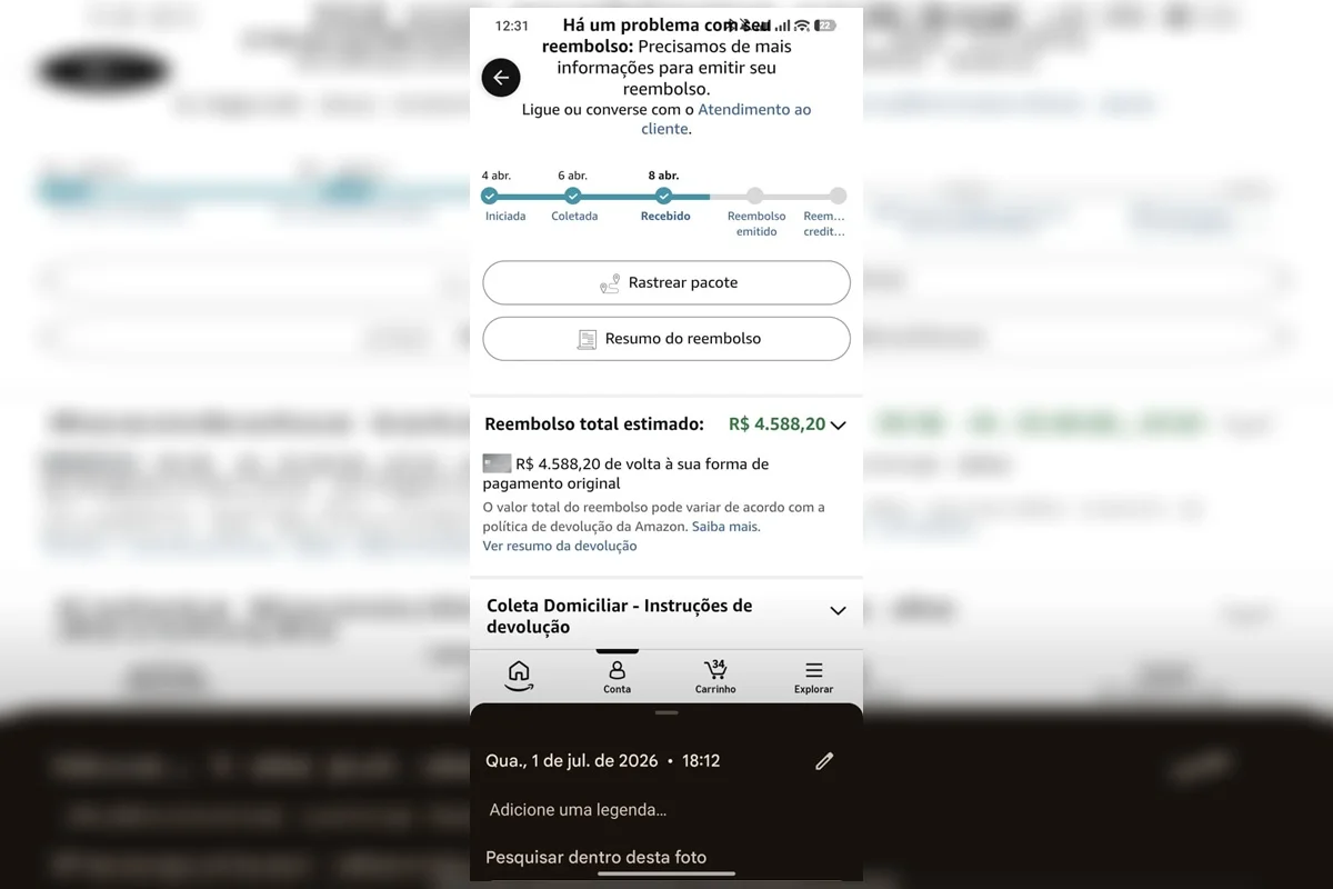 O aplicativo informou a vítima que o produto foi recebido O aplicativo informou a vítima que o produto foi recebido