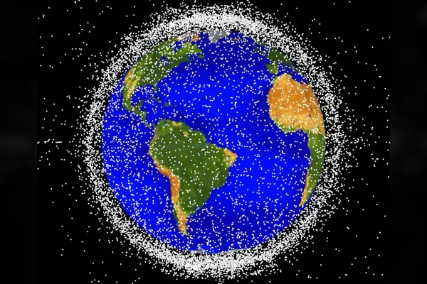 Ilustração colorida do planeta Terra com pontos brancos em volta - Metrópoles.