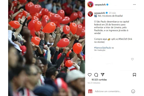 Foto colorida do Insta do São Paulo convocando os torcedores para o DF - Metrópoles