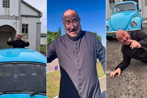 Imagem colorida de padre ao lado de um fusca azul