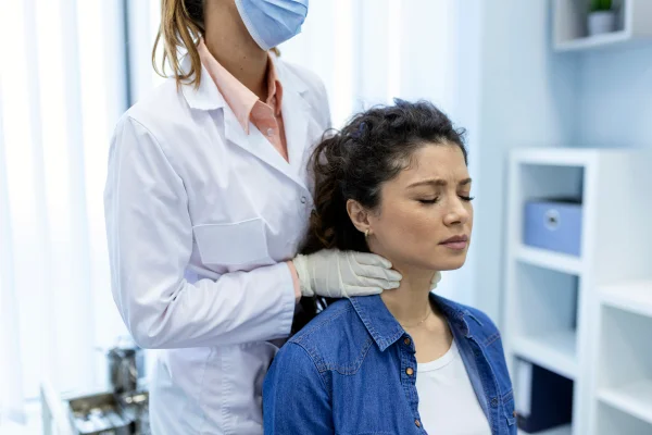Endocrinologista examinando a garganta de uma jovem na clínica. Mulheres com exame da glândula tireoide. Endocrinologia, hormônios e tratamento. Inflamação da garganta. hipoparatireoidismo