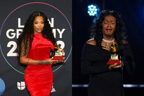 montagem com uma foto de ludmilla de vestido vermelho posada e uma de liniker de vestido preto chorando - metrópoles
