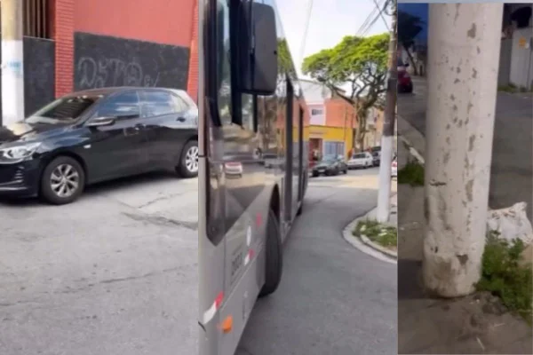Imagem colorida mostra ônibus travado em rua por não conseguir fazer curva graças a carro estacionado irregularmente - Metrópoles