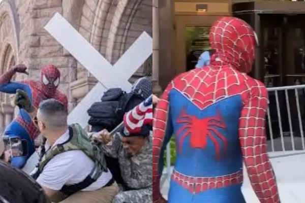 Imagem colorida, "Homem-aranha" agride apoiador de Trump durante ato racista nos EUA - Metrópoles