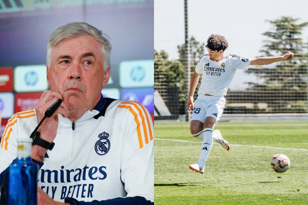 Foto colorida de Ancelotti e Enzo Alves, do Real Madrid - Metrópoles