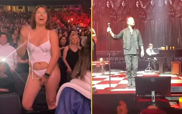 montagem com duas fotos. na primeira uma mulher aparece só com roupas íntimas em um show. na outra um cantor se apresenta no palco