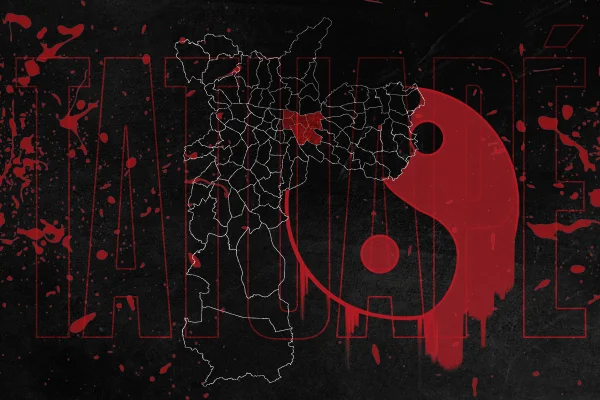 Arte do mapa da capital paulista sobre fundo preto com símbolo do ying yang vermelho e preto - Metrópoles