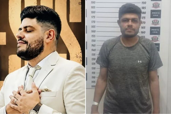Montagem colorida com fotos de pastor suspeito de matar ex-mulher na frente dos filhos.