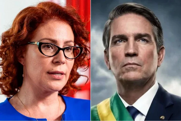 Imagem colorida mostra Carla Zambelli e ator de filme Dark Horse, sobre Bolsonaro. Metrópoles