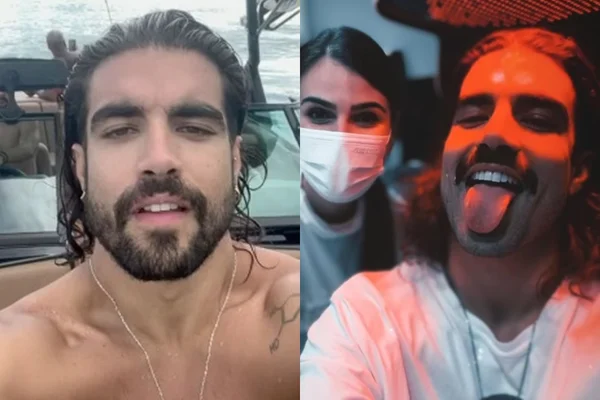 Em fotos justapostas o ator Caio Castro aparece com cabelo longo, em uma delas (esquerda) numa lancha e na outra (esquerda) com a língua pra fora com uma médica que fez seu tratamento capilar - Metrópoles