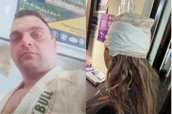 Foto montagem colorida do lutador de jiu-jitsu Renê Roque Zago, de 38 anos, (à esquerda) preso por espancar a esposa (à direita) e ferir a filha do casal, uma criança de seis meses, em Piracicaba, interior de São Paulo.