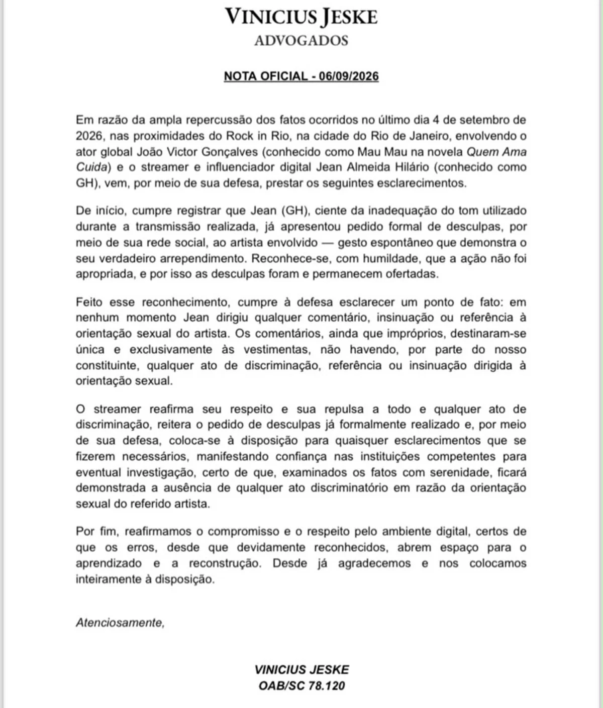 Advogado de GH comentou o caso envolvendo João Victor Gonçalves Advogado de GH comentou o caso envolvendo João Victor Gonçalves