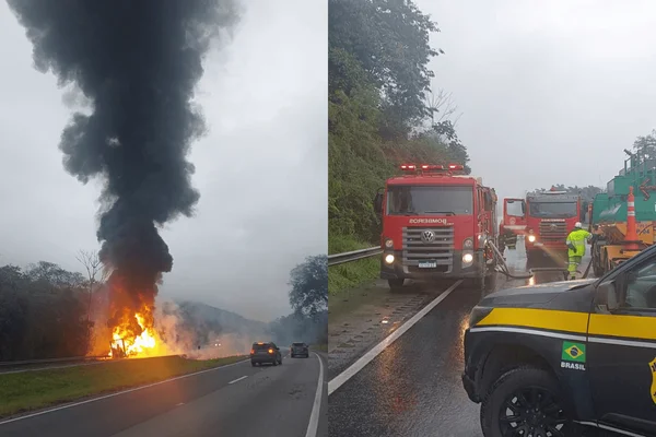 Colagem colorida de carreta que pegou fogo na Régis Bittencourt - Metrópoles