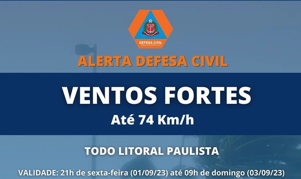 Imagem colorida com fundo azul, em diferente tonalidades. "Ventos fortes; até 74 km/h", diz a mensagem em destaque - Metrópoles