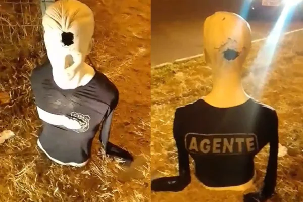 montagem de duas fotos de boneco com tiro, a parte da frente e a parte de trás