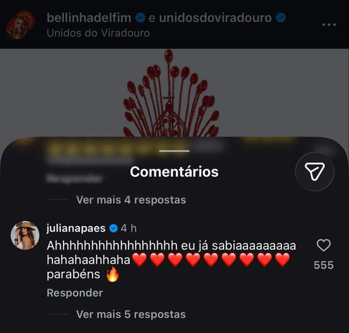 Juliana Paes comemora coroação de Bellinha Delfim para a Viradouro Juliana Paes comemora coroação de Bellinha Delfim para a Viradouro