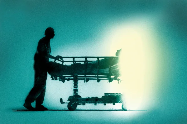 Ilustração de enfermeiro levando uma pessoa falecida em uma maca para a "luz" - Metrópoles.