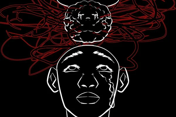 Ilustração colorida de humano chorando com rabiscos vermelhos sobre o cérebro indicando transtorno mental - Metrópoles.