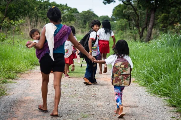Crianças indígenas caminham 1 km todos os dias para pegar escolar