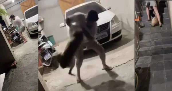 Montagem com 3 fotos coloridas com homem agredindo cachorro - Metrópoles