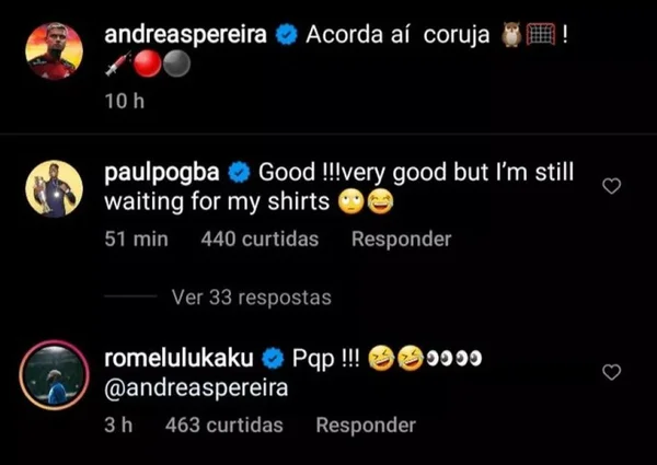 Pogba pede camisa e Lukaku se “emociona” com gol de falta de Andreas Pereira pelo Flamengo