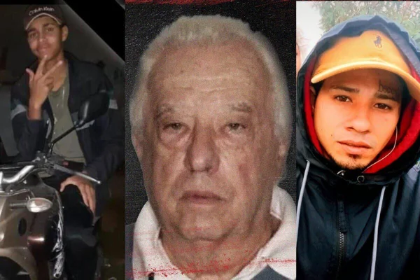 Montagem com 3 fotos. Esquerda jovem pardo em moto; centro idoso de cablo branco e curto. Direita jovem mestiço de japonês com a cabeça coberta com capuz de moletom - Metrópoles