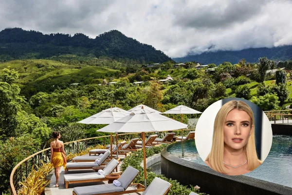 Foto colorida. Imagem mostra a visão panorâmica da pousada Hacienda AltaGracia. No canto direito foi acrescentado um circulo com a foto da atriz Emma Roberts, mulher branca e loira - Metrópoles