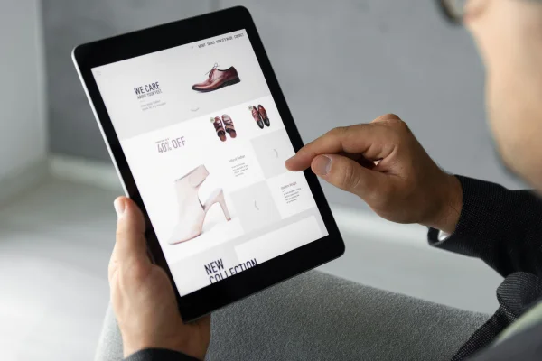 A mão masculina está navegando em uma loja on-line que vende sapatos. Compras on-line - Metrópoles