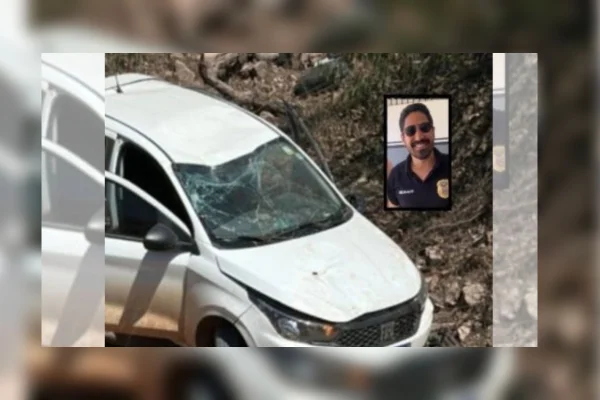 Foto de carro capotado e foto do delegado envolvido