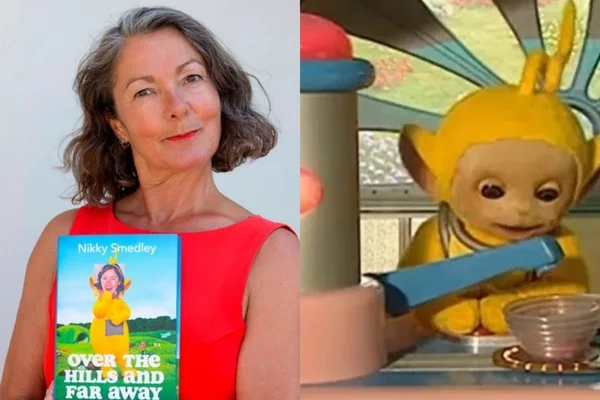 Montagem com foto de Nikky Smedley e a personagem Laa-Laa