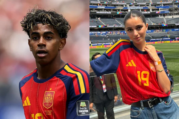 Montagem com fotos de um homem e mulher com blusas da Seleção da Espanha - Metrópoles