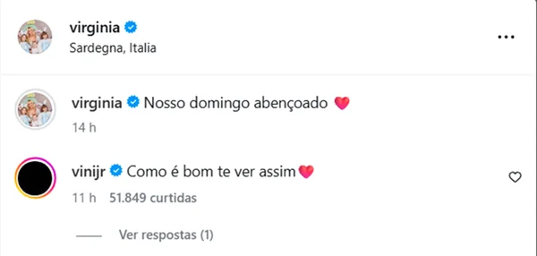 Vini Jr. deixa comentário apaixonado em foto de Virginia: “Como é bom” - destaque galeria Vini Jr. deixa comentário apaixonado em foto de Virginia: “Como é bom” - destaque galeria