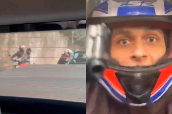 Colagem colorida de assaltante que ameaçou casal com arma na janela durante assalto após buzinas - Metrópoles