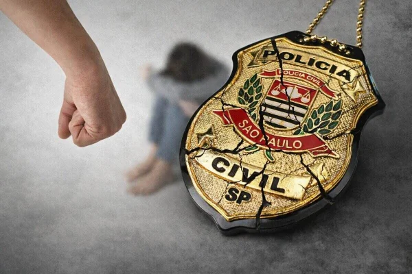 Arte gráfica com distintivo da Polícia Civil de São Paulo, em primeiro plano, rachado, ao lado de mão fechada. A fundo, desfocada, mulher sentada no chão, representando fragilidade - Metrópoles