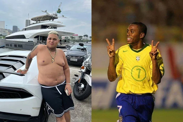 Montagem com fotos coloridas de MC Ryan e Robinho - Metrópoles