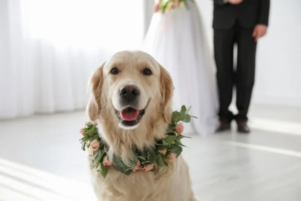 Imagem colorida de golden retriver em casamento