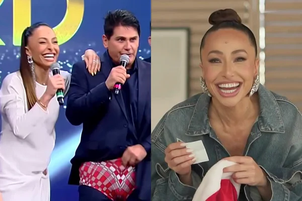 À esquerda, Sabrina Sato presenteia Cesar Filho com sunga no Família Record; à direita, Sabrina Sato sorteia amigo secreto no Fantástico - Metrópoles