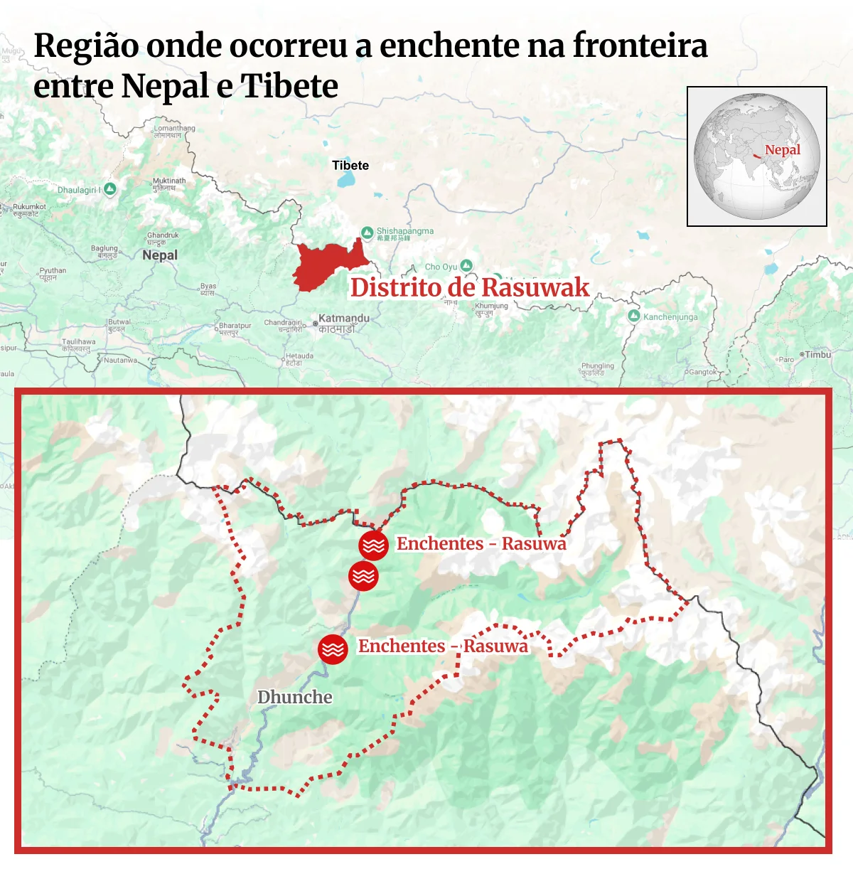 Região de fronteira entre Nepal e Tibete, onde ocorreu a enchente Região de fronteira entre Nepal e Tibete, onde ocorreu a enchente