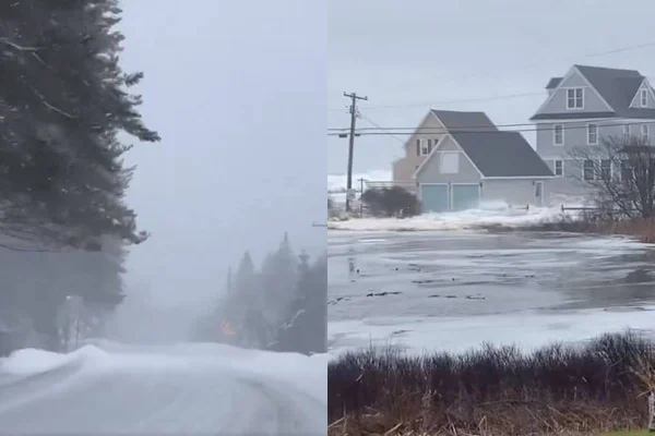 montagem colorida com foto de estrada coberta de neve e casas rodeadas de água - metrópoles