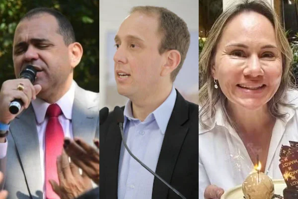 Da esquerda para a direita: Josivaldo Batista (pastor e cunhado de Manga), Rodrigo Manga (prefeito de Sorocaba) e Simone Rodrigues (pastora e cunhada de Manga).