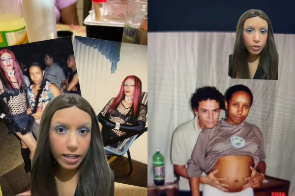 Montagem com fotos coloridas jovem Alyce com seus pais
